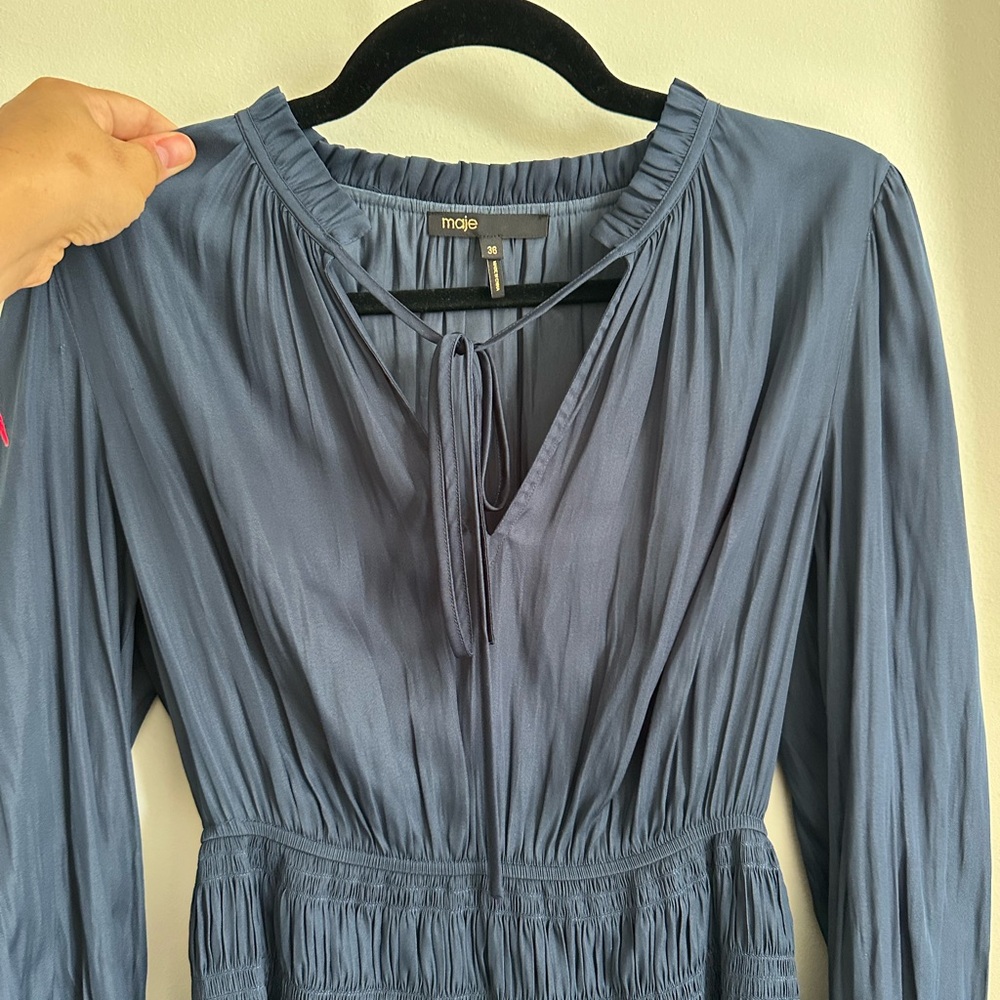 Maje Blue Pleated V-Neck Dress with Bishop Sleeves